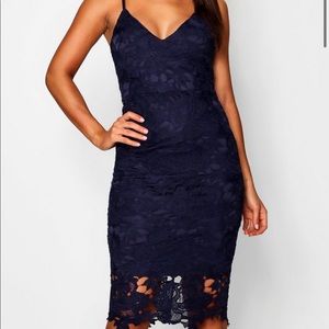 BooHoo Lace knee length dress (dark navy blue)